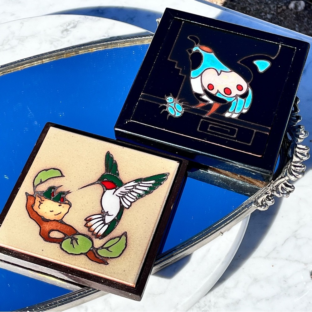 Vintage CLEO TEISSEDRE Hand Painted Framed Ceramic Tiles, Quail Hummingbird